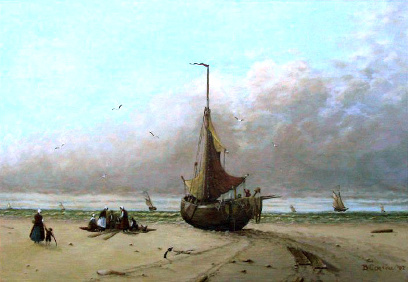 Painting by Brigitte Corsius: Ship moored with fish-kicking people