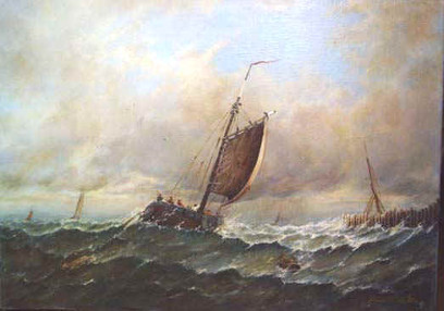 Painting by Brigitte Corsius: Tree barge in savage sea