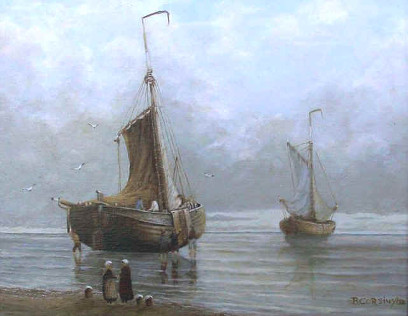 Painting by Brigitte Corsius: Ships on the coast