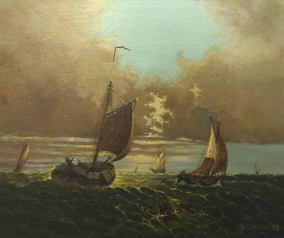 Schilderij Brigitte Corsius: Schepen op zee met openbrekende lucht