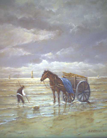 Painting by Brigitte Corsius: Fisherman with horse and carriage